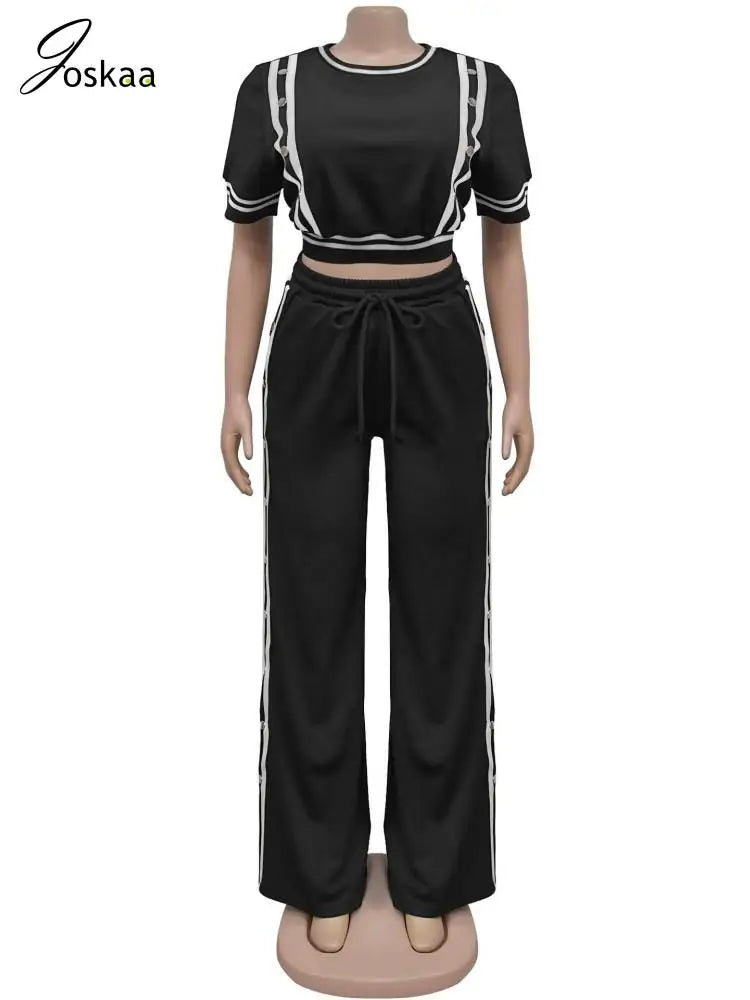 Women's Stripe Short Sleeve Two Piece Set Black – Back View