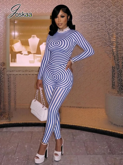 Women's Swirl Print Long Sleeve Bodycon Romper - Front View