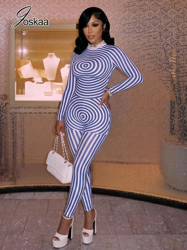 Women's Swirl Print Long Sleeve Bodycon Romper - Front View