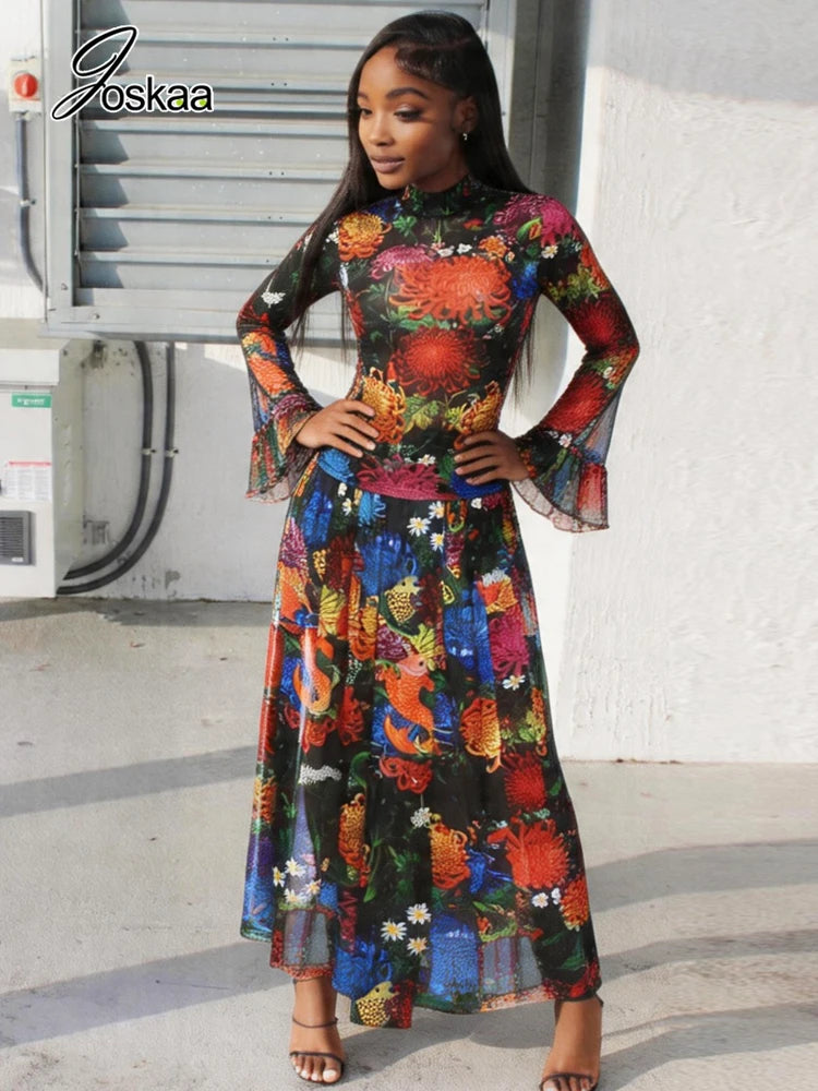 Women's Floral Print Mesh Long Sleeve Two Piece Set Colorful – Front View