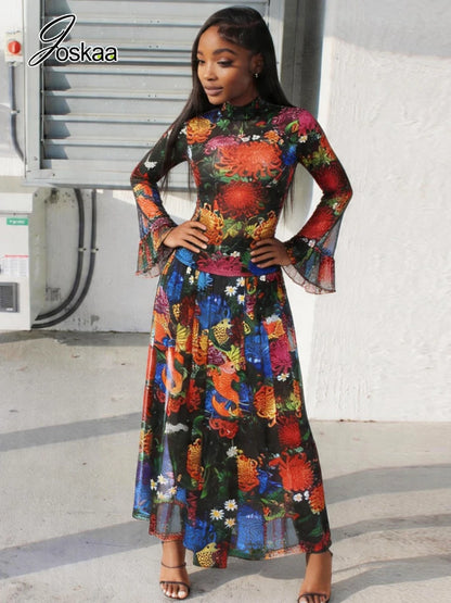 Women's Floral Print Mesh Long Sleeve Two Piece Set Colorful – Front View