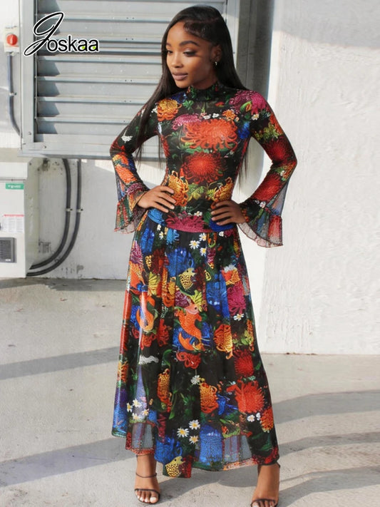 Women's Floral Print Mesh Long Sleeve Two Piece Set Colorful – Front View