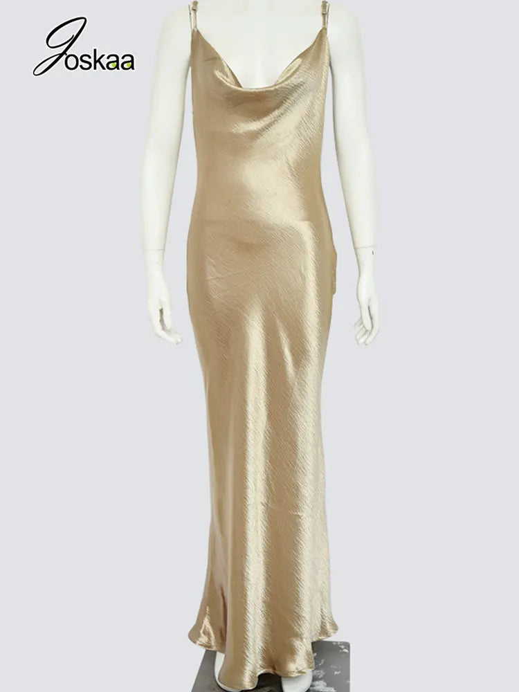 Women's Satin Backless Solid Spaghetti Strap Maxi Dress 193 – Detail View