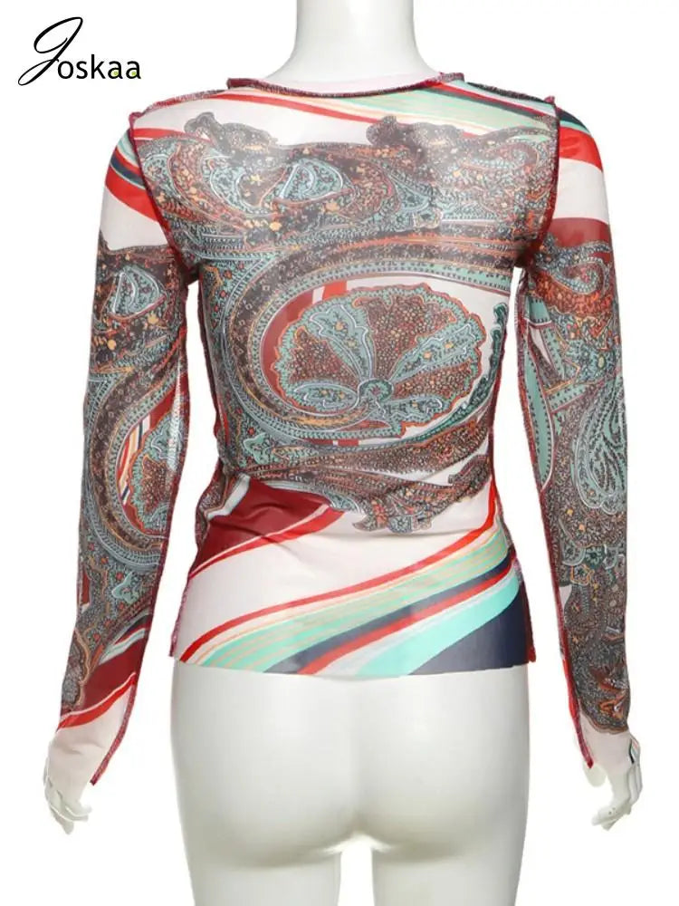 Women's Mesh Long Sleeve Abstract T-shirts Top Brown – Detail View