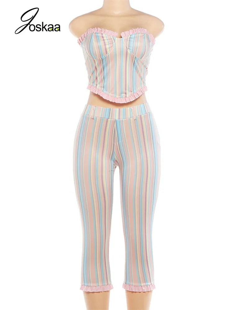 Women's Striped Strapless One Shoulder High Waist Two Piece Set - Back View