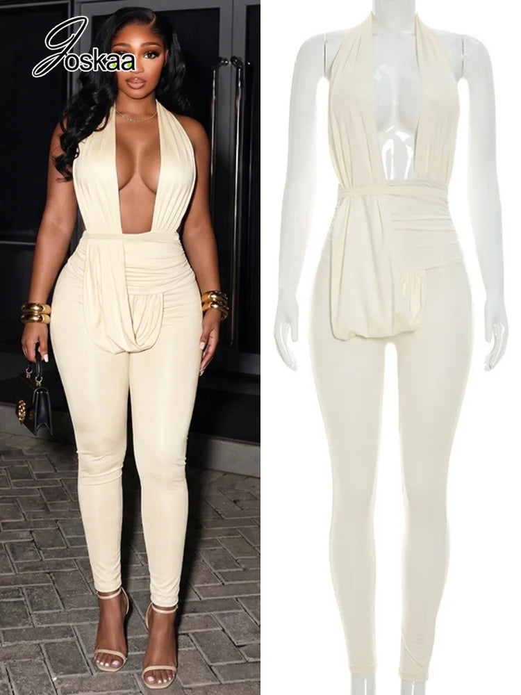 Women's Ruched Backless V-neck Halter Romper - Women's Fashion Wholesale - Front View