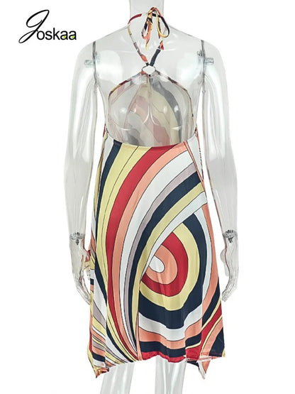 Women's Striped Backless Halter Mini Dress - Detail View