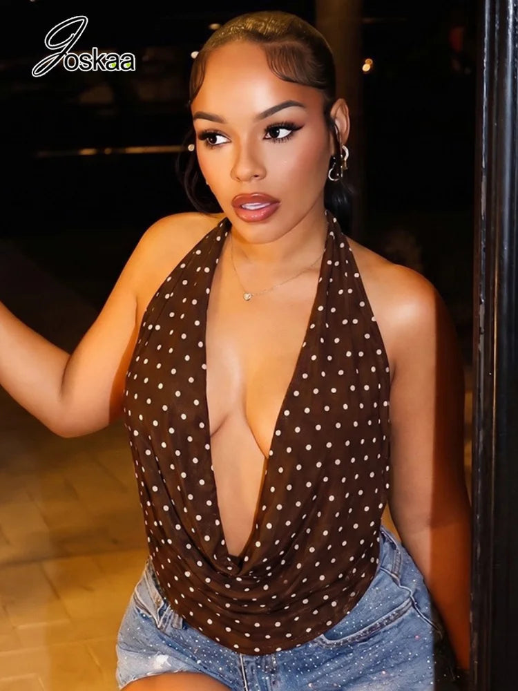 Women's Polka Dot Backless Halter Sleeveless Top - Side View