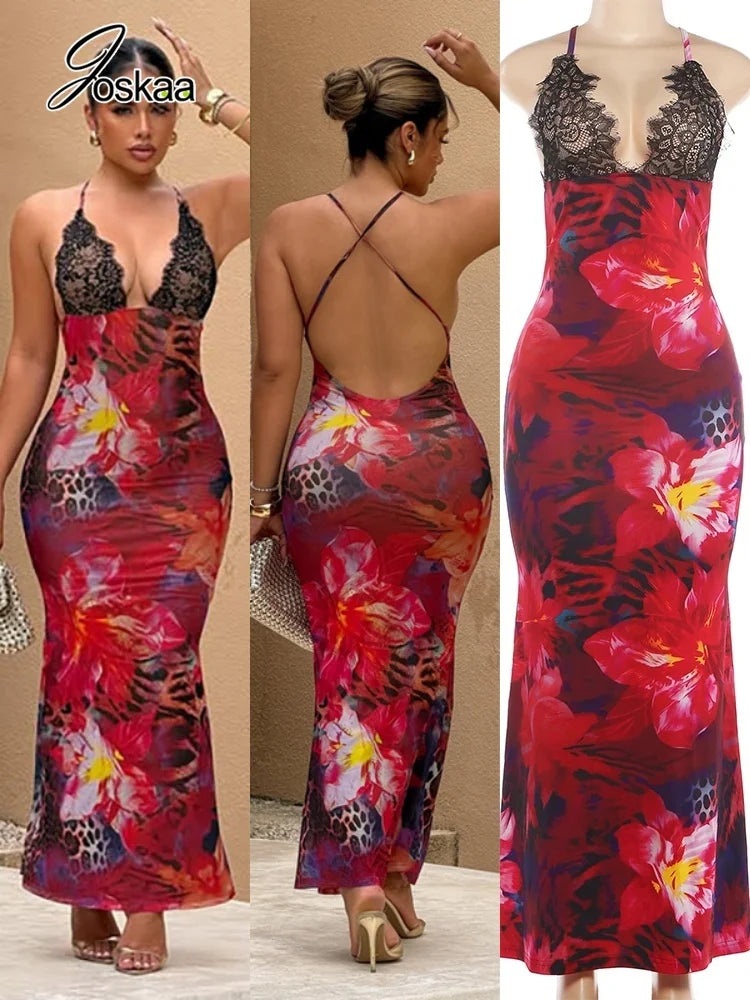Women's Floral Print Lace Backless Maxi Dress – Women's Fashion Wholesale – Front View