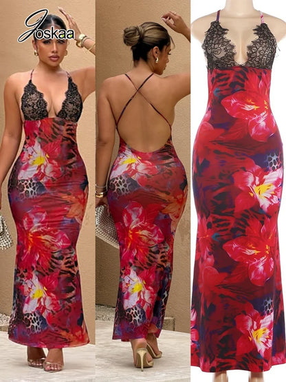 Women's Floral Print Lace Backless Maxi Dress – Women's Fashion Wholesale – Front View