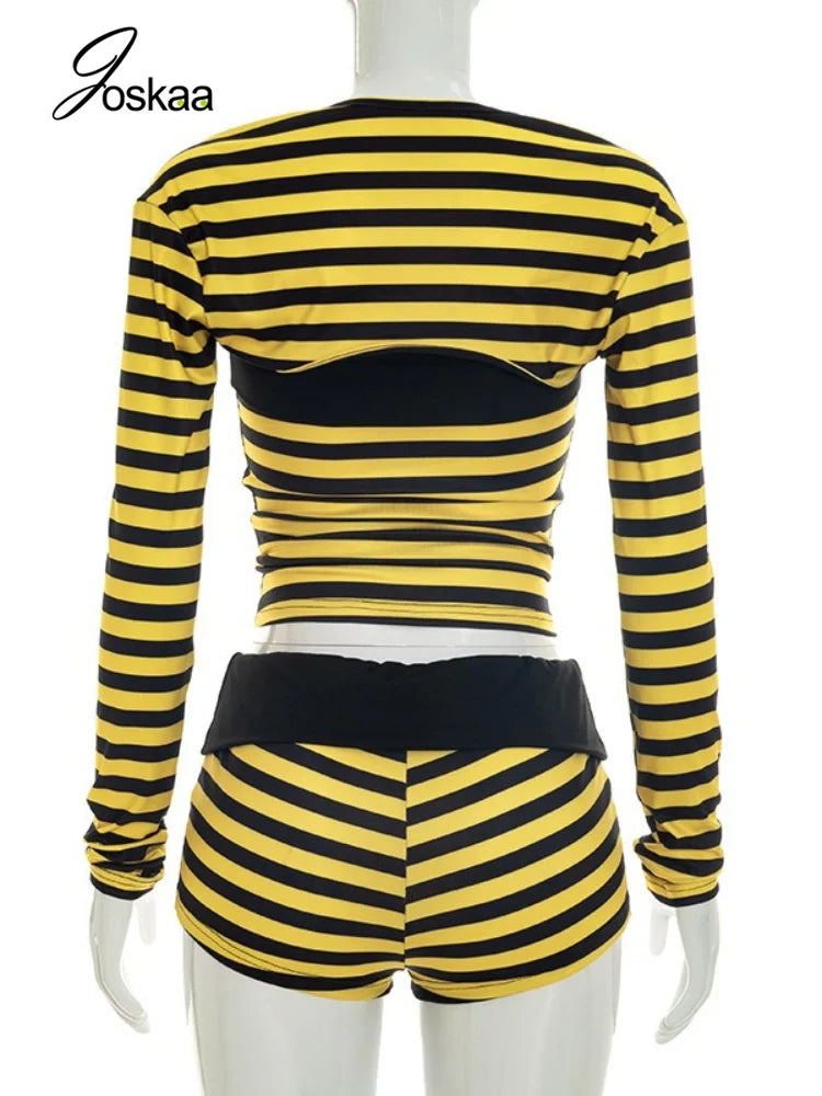 Women's Striped Strapless Long Sleeve Two Piece Set - Detail View