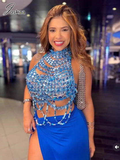 Wholesale Women's Rhinestone Backless Halter Top Purple – Front View