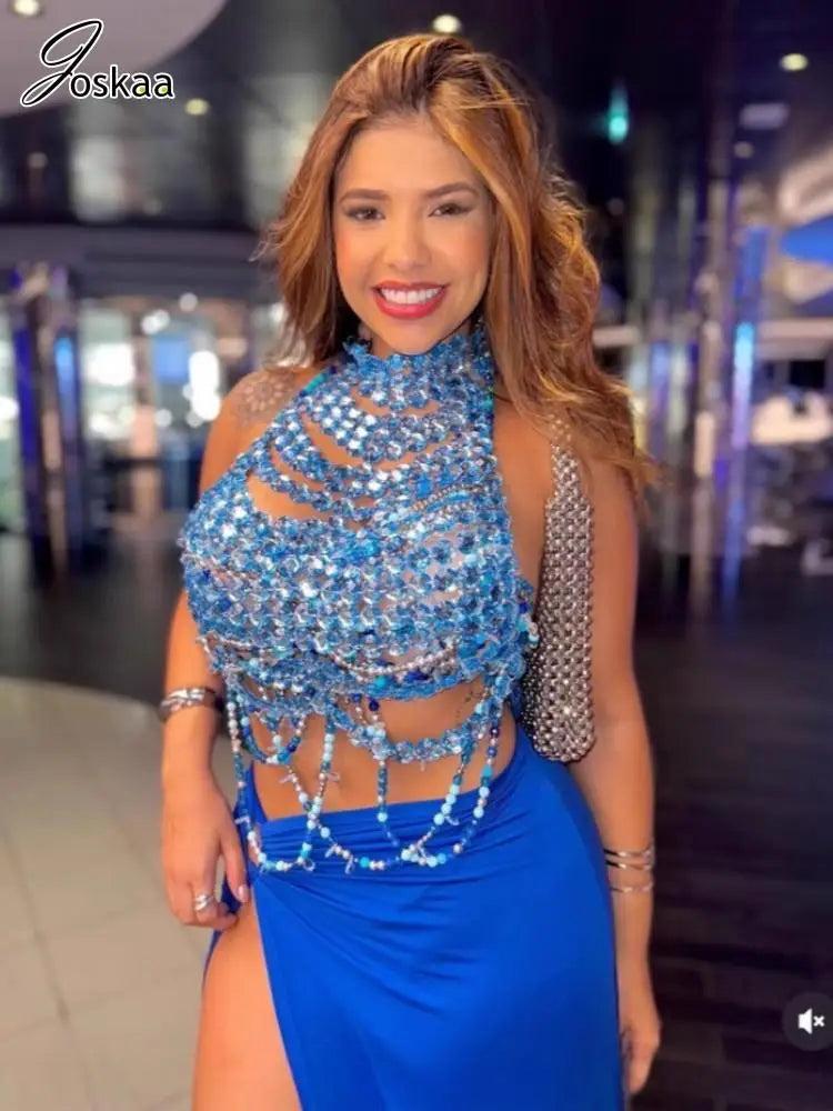 Wholesale Women's Rhinestone Backless Halter Top Purple – Front View