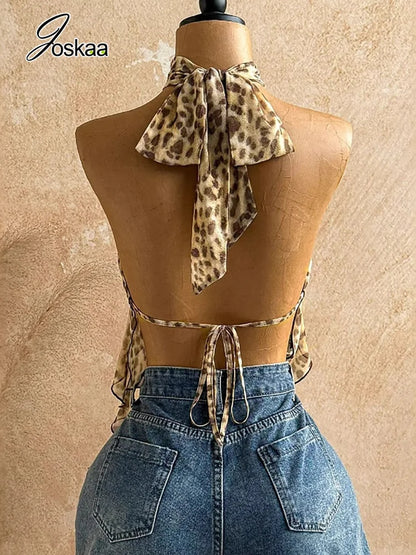 Women's Mesh Backless V-neck Halter Top Print Bandage Tank - Detail View