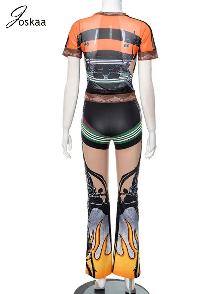 Women's Mesh Short Sleeve Crop Two Piece Set Orange – Detail View