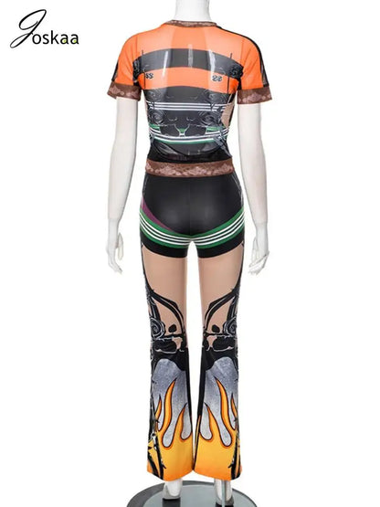 Women's Mesh Short Sleeve Crop Two Piece Set Orange – Detail View