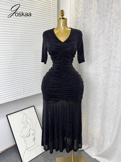 Women's Mesh Sequin Ruched V-neck Bodycon Dress - Side View