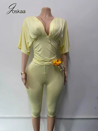 Women's Ruched V-neck Two Piece Set - Side View