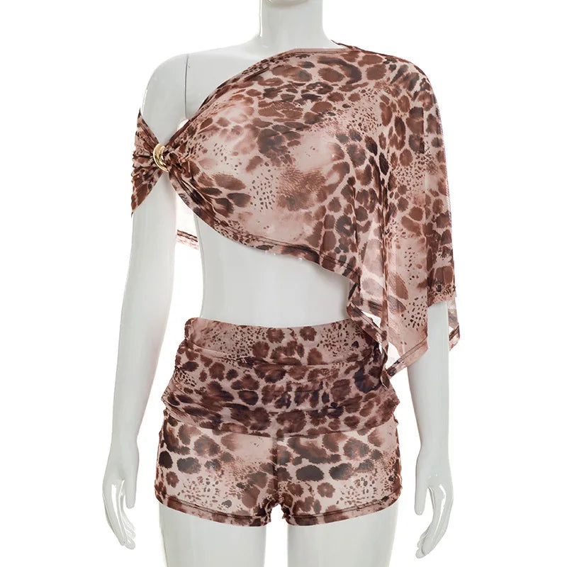 Women's Leopard Print Mesh Ruched Two Piece Set