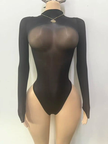 Joskaa Mesh Long Sleeve Bodysuit Shiny Seamless Transparent - bodysuit image 2