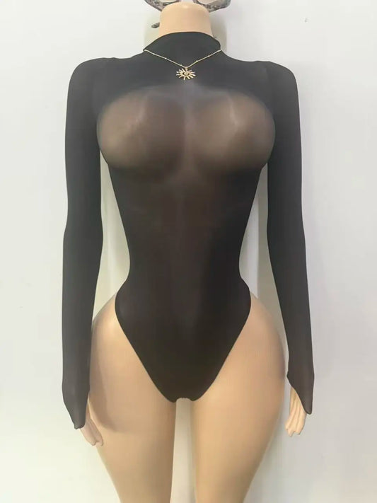 Joskaa Mesh Long Sleeve Bodysuit Shiny Seamless Transparent - bodysuit image 2
