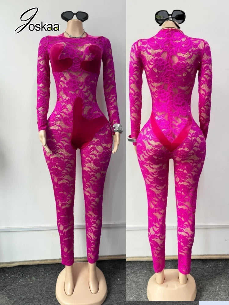 Women's Floral Print Lace Mesh Velvet Romper – Women's Fashion Wholesale – Front View