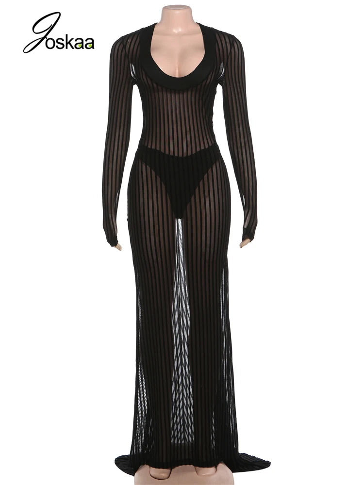 Joskaa Stripe Mesh Long Sleeve Bodycon Maxi Dress - maxi dress image 4