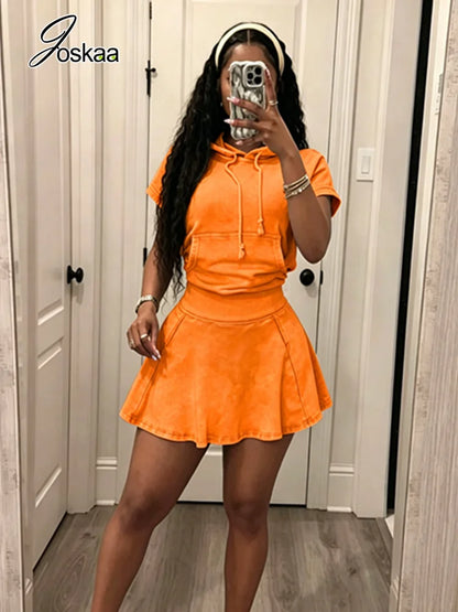 Women's High Waist Mini Hooded Two Piece Set Sky Blue – Front View