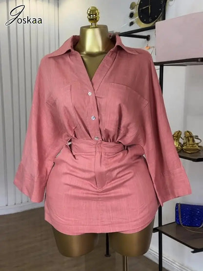 Women's Lapel Batwing Sleeve Two Piece Set Pink – Back View