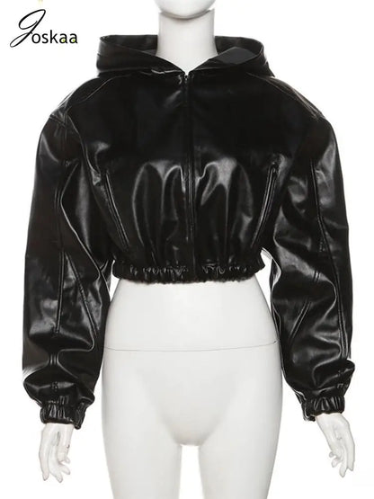 Women's Faux Leather Long Sleeve Zip Hooded Jacket Black – Back View