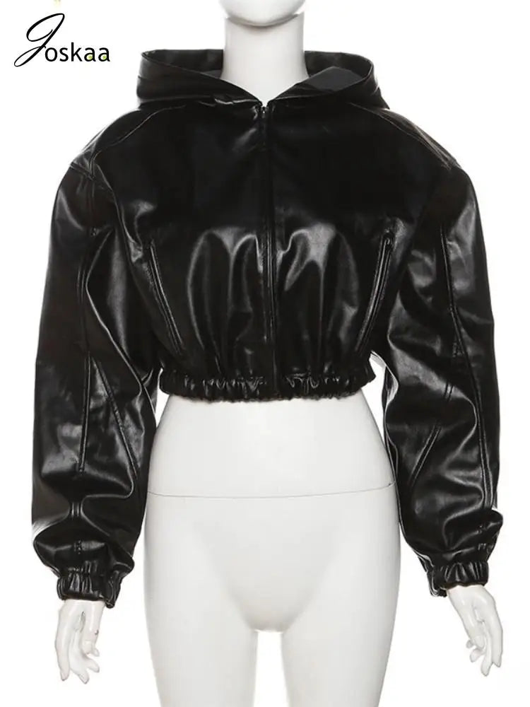 Women's Faux Leather Long Sleeve Zip Hooded Jacket Black – Back View
