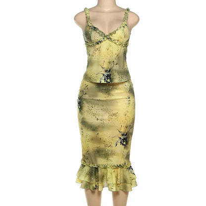 Women's Floral Print Ruffle Neck Cami Two Piece Set