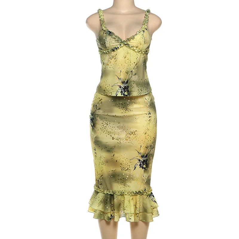Women's Floral Print Ruffle Neck Cami Two Piece Set