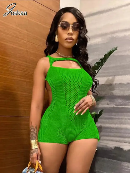Women's Knit Backless Sleeveless Bodycon Romper Green – Front View