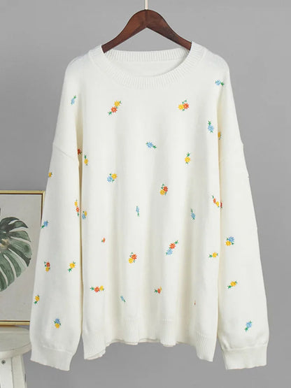 Women's Floral Print Knit Long Sleeve Top White – Detail View