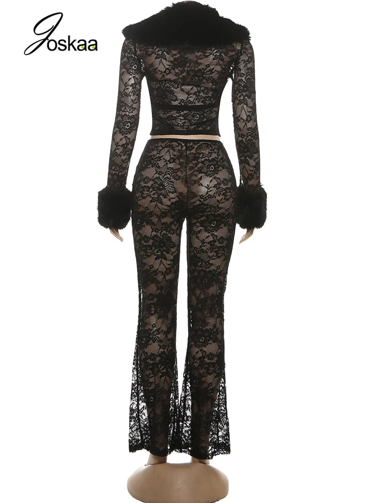 Women's Lace Long Sleeve Flare Two Piece Set Black – Detail View