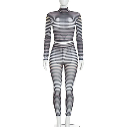 Women's Striped Mesh Long Sleeve High Waist Two Piece Set - Additional View 9