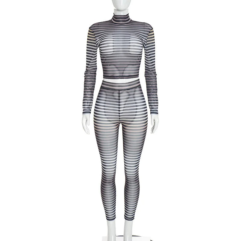 Women's Striped Mesh Long Sleeve High Waist Two Piece Set - Additional View 9