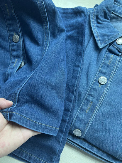 Women's Denim Short Sleeve High Waist Two Piece Set Dark Blue – Front View