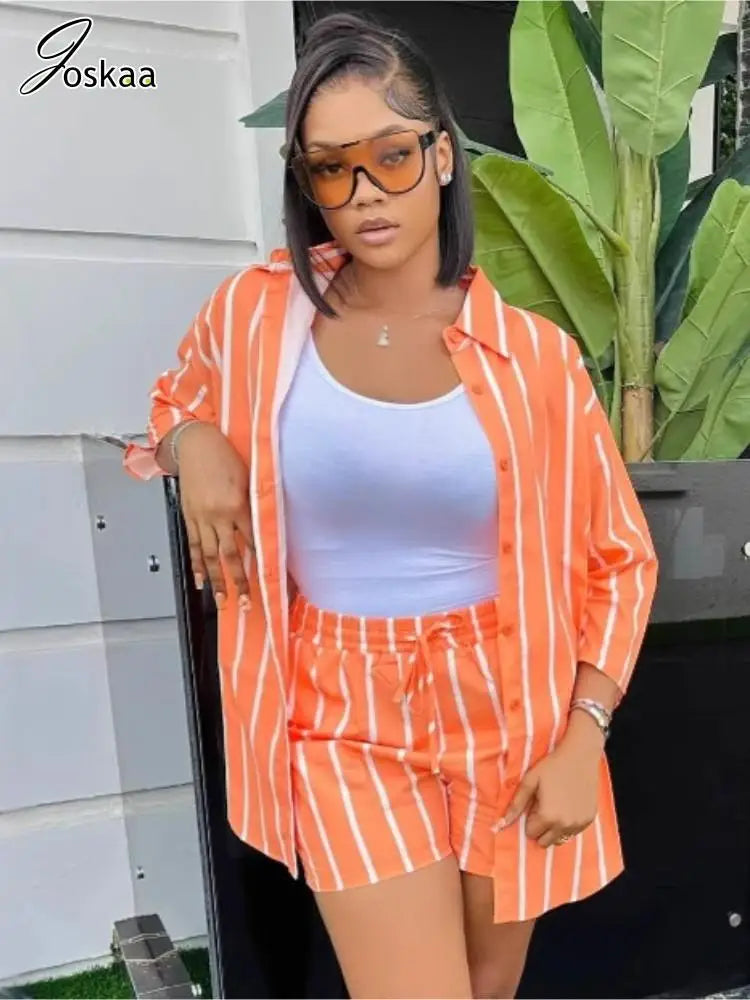 Women's Stripe Striped Oversized Two Piece Set Orange – Front View