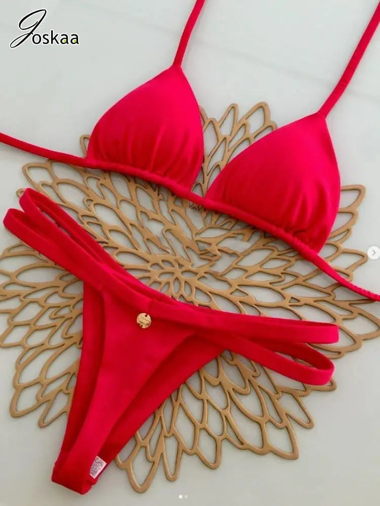 Women's High Waist Swimwear Piece Triangle Bikini Set Brown – Back View