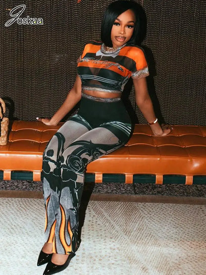 Women's Mesh Short Sleeve Crop Two Piece Set Orange – Front View