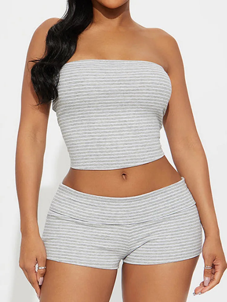 Women's Stripe Strapless Crop Two Piece Set