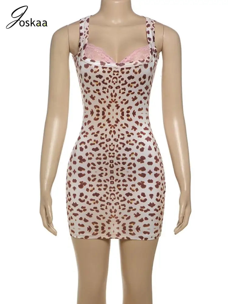Women's Leopard Print Lace Sleeveless Mini Dress Leopard Print – Back View