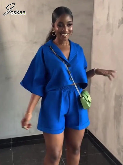 Wholesale Women's Short Sleeve Crop Two Piece Set Blue – Side View