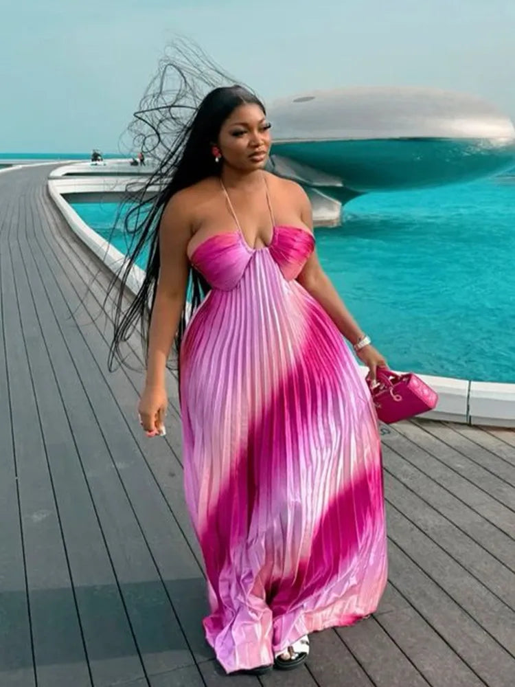 Wholesale Women's Backless Pleated Bodycon Dress Pink – Front View