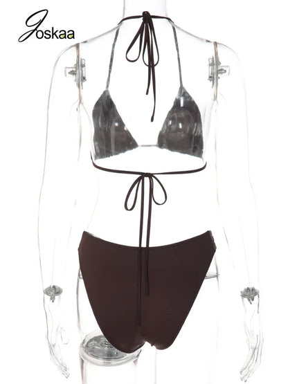 Women's Halter Swimwear Shell Buckle Bikini Set Coffee Brown – Detail View