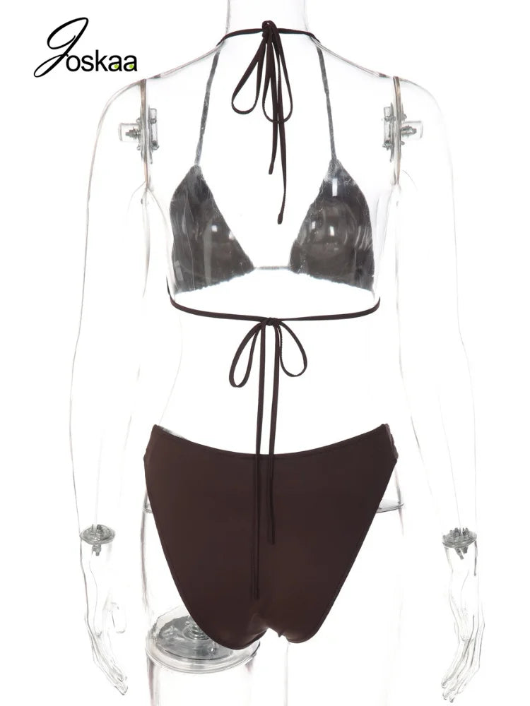 Women's Halter Swimwear Shell Buckle Bikini Set Coffee Brown – Detail View