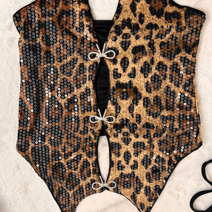 Women's Leopard Print Sequin Rhinestone Top Skirt – Back View