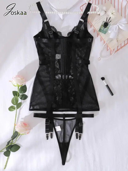 Women's Lace Mesh Lingerie Sheer Adjustable Two Piece Set Black – Detail View